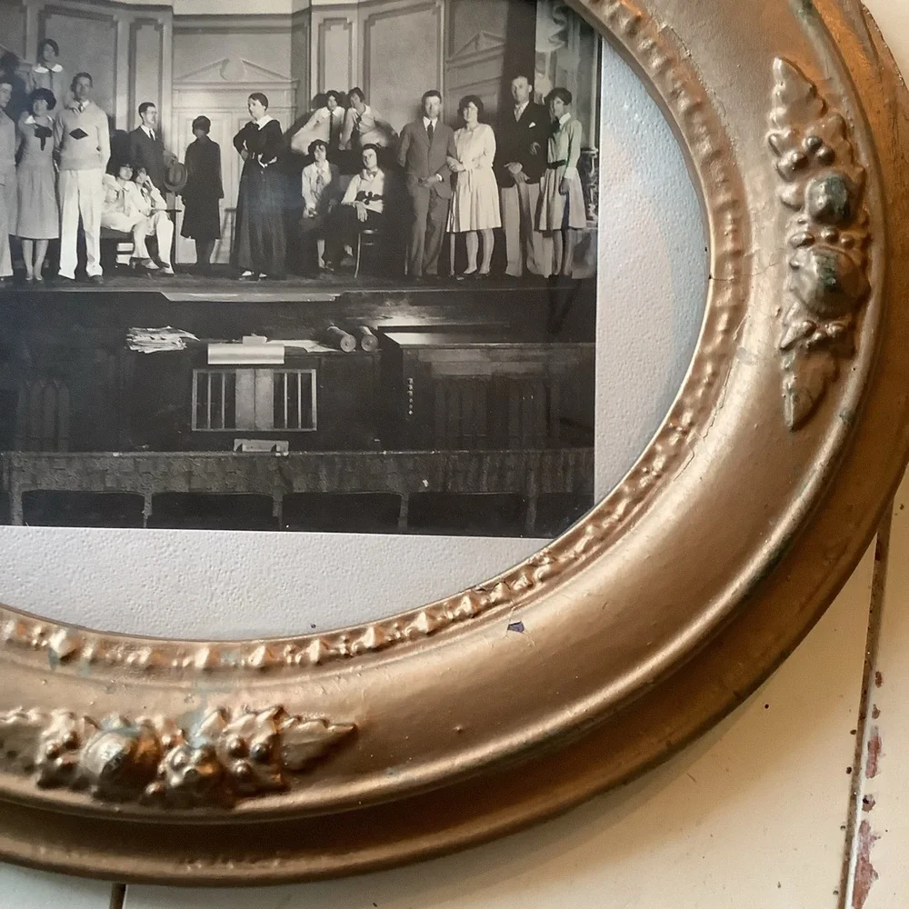 Antique Oval Gold Ornate Wood Frame with Old Play Performance Original Photo